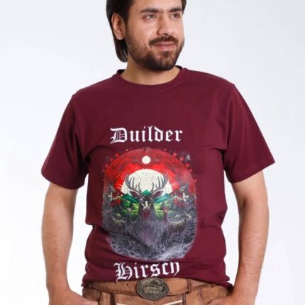 Mens Maroon Bavarian High Quality T-Shirt with Stag and Mountain Graphic